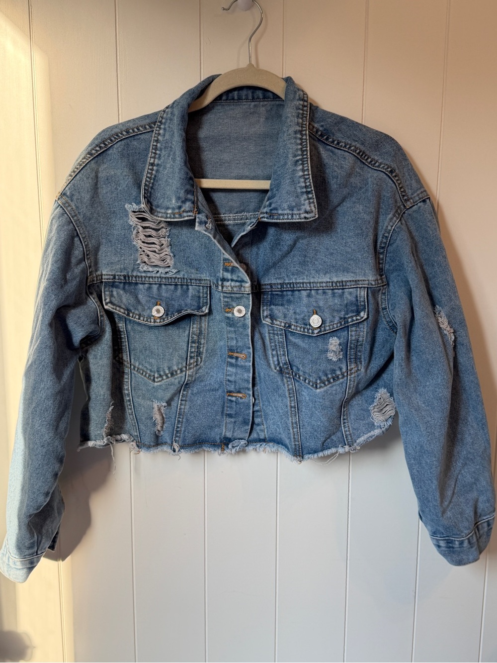 Women’s Distressed Cropped Denim Jacket - Light Blue